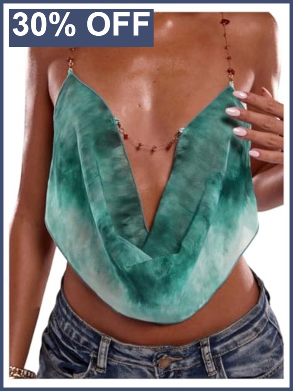 Boho Floral Beaded Chain Crop Cami Top Backless Draped Cowl Neck